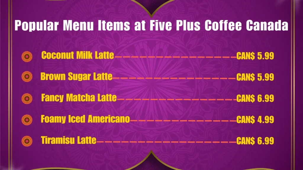 Most Popular Menu Items at Five Plus Coffee Canada